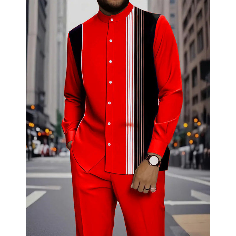 A men's striped shirt and pants 2-piece set by Arenzza, featuring a stylish, coordinated outfit for casual or semi-formal wear.