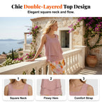Women’s floral print summer 2-piece clothing set by Arenzza featuring a sleeveless top and matching shorts in bright floral pattern.