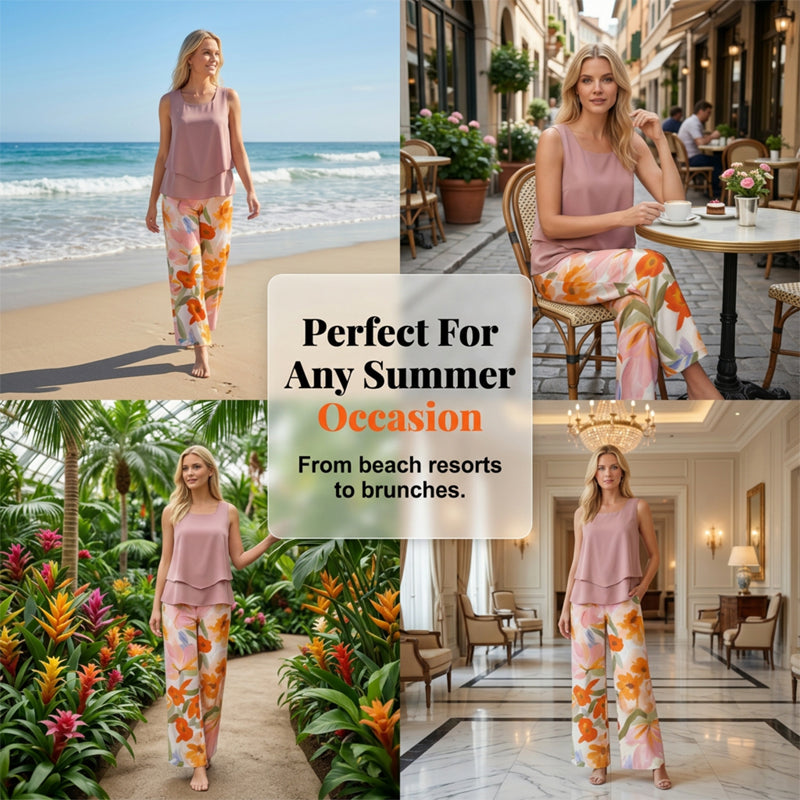 A women's floral print summer 2-piece clothing set by Arenzza, featuring a matching top and skirt in vibrant floral patterns.