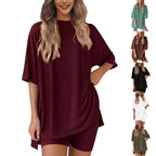 Aarenza women's summer casual loose two-piece set, lightweight fabric, featuring a crop top and shorts in soft pastel colors.