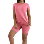 Arenzza women's sports top and shorts 2-piece athletic set, lightweight fabric, perfect for workout or casual wear.