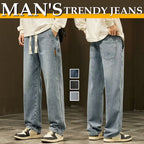 A pair of men's loose straight jeans from Arenzza displayed on a hanger, featuring a classic blue denim look and casual fit.