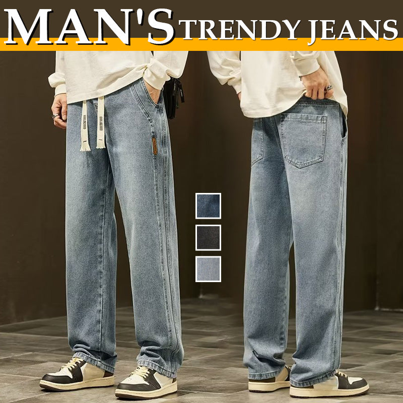 A pair of men's loose straight jeans from Arenzza displayed on a hanger, featuring a classic blue denim look and casual fit.