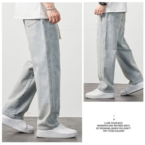 A pair of Arenzza men's loose straight jeans in classic denim, displayed flat with front pockets and belt loops.