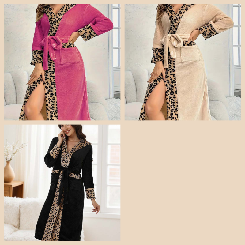 Women’s cozy leopard print bathrobe with hood from Arenzza, featuring soft fabric and relaxed fit for comfortable loungewear.