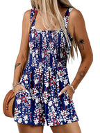 Aarenza women's sleeveless summer romper with square neck, smocked waist, and loose fit, ideal for casual warm-weather wear.
