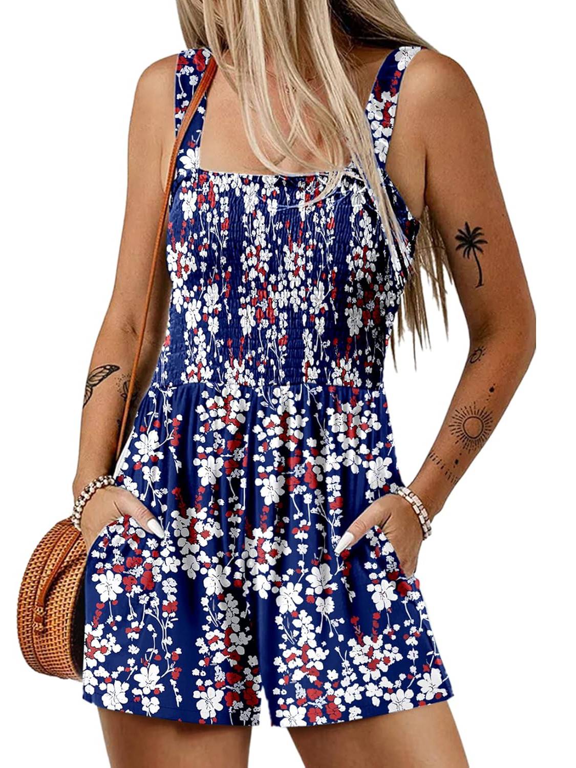 Aarenza women's sleeveless summer romper with square neck, smocked waist, and loose fit, ideal for casual warm-weather wear.