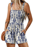 Aarenza women's sleeveless summer romper with square neckline, smocked waist, and casual loose fit, perfect for warm weather.