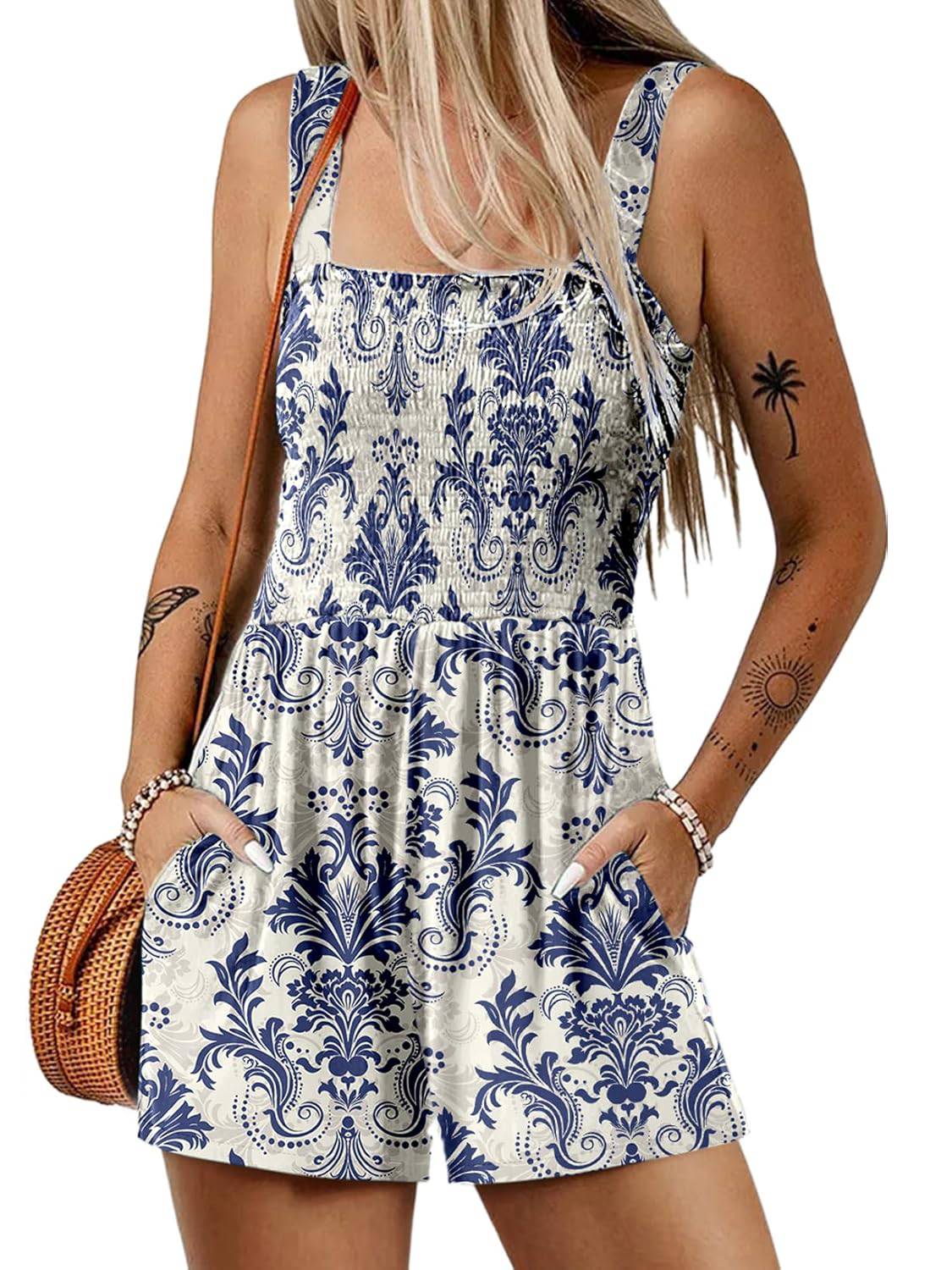 Aarenza women's sleeveless summer romper with square neckline, smocked waist, and casual loose fit, perfect for warm weather.