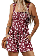 Arenzza women's sleeveless summer romper with square neckline, smocked waist, and casual loose fit, perfect for warm weather.