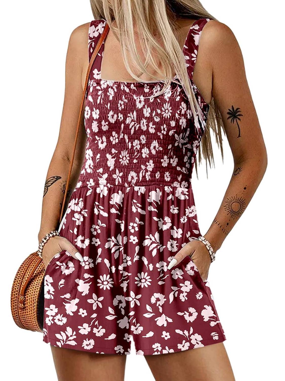 Arenzza women's sleeveless summer romper with square neckline, smocked waist, and casual loose fit, perfect for warm weather.