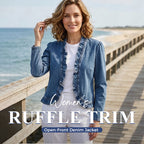 Arenzza open-front denim jacket with ruffle trim, breathable fabric, classic blue wash, no buttons, versatile and stylish.