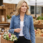 Aarenza open-front denim jacket with ruffle trim in classic blue wash, breathable fabric, no buttons, versatile wardrobe staple.