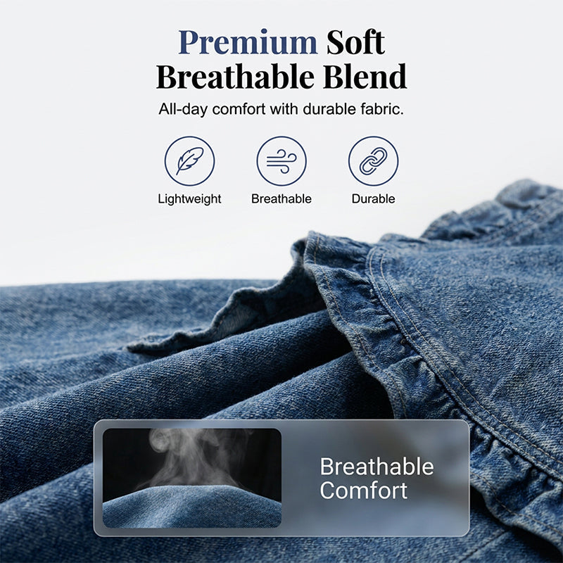 Arenzza open-front denim jacket with ruffle trim, blue wash, breathable fabric, no buttons, stylish and versatile for casual wear.