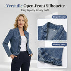 Aarenza open-front denim jacket with ruffle trim, blue wash, breathable fabric, casual style, no buttons, versatile wardrobe staple.