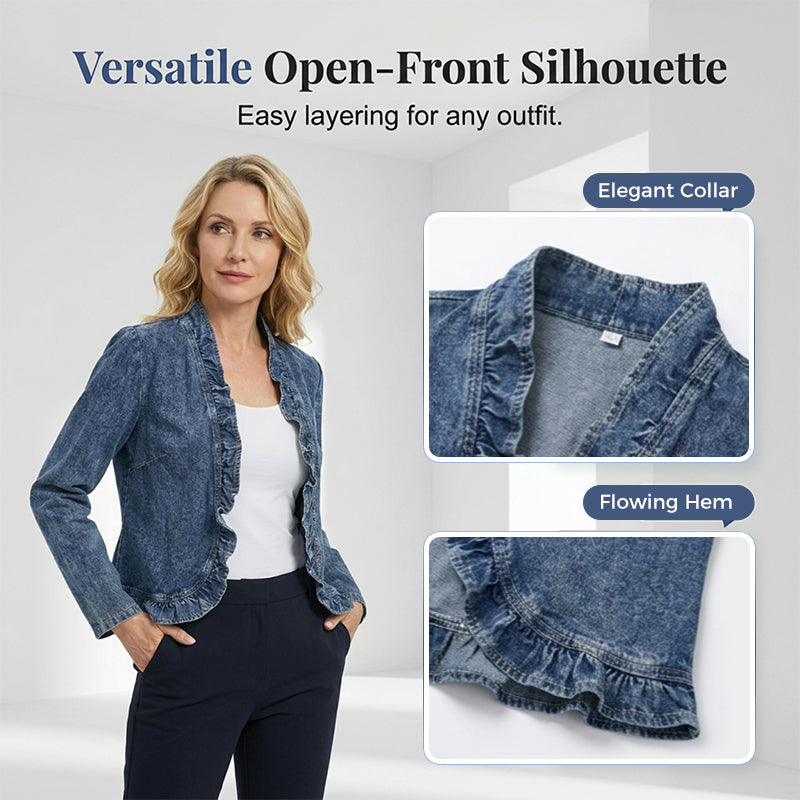 Aarenza open-front denim jacket with ruffle trim, blue wash, breathable fabric, casual style, no buttons, versatile wardrobe staple.