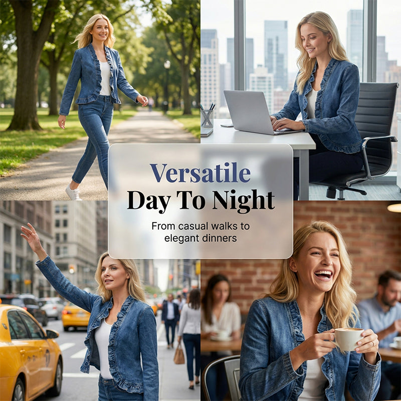 Arenzza open-front denim jacket with ruffle trim, classic blue wash, breathable fabric, no buttons, casual style, versatile wardrobe staple.