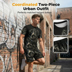 A man wearing a breathable Arenzza 2-piece print T-shirt and shorts casual clothing set, standing outdoors.
