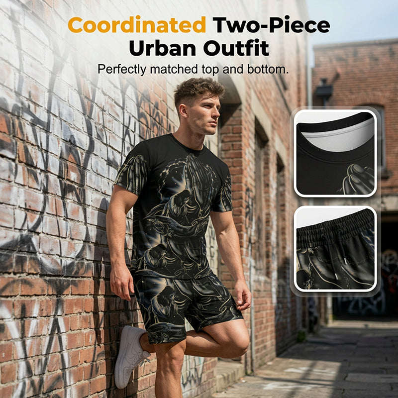 A man wearing a breathable Arenzza 2-piece print T-shirt and shorts casual clothing set, standing outdoors.