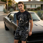 A men's Arenzza 2-piece casual set with printed T-shirt and shorts, breathable fabric, perfect for active or relaxed wear.