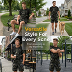 A men's Arenzza 2-piece print T-shirt and shorts set, casual, breathable fabric, displayed on a model.