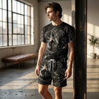 A men's Arenzza 2-piece casual set with a printed t-shirt and matching shorts, breathable fabric for comfortable wear.