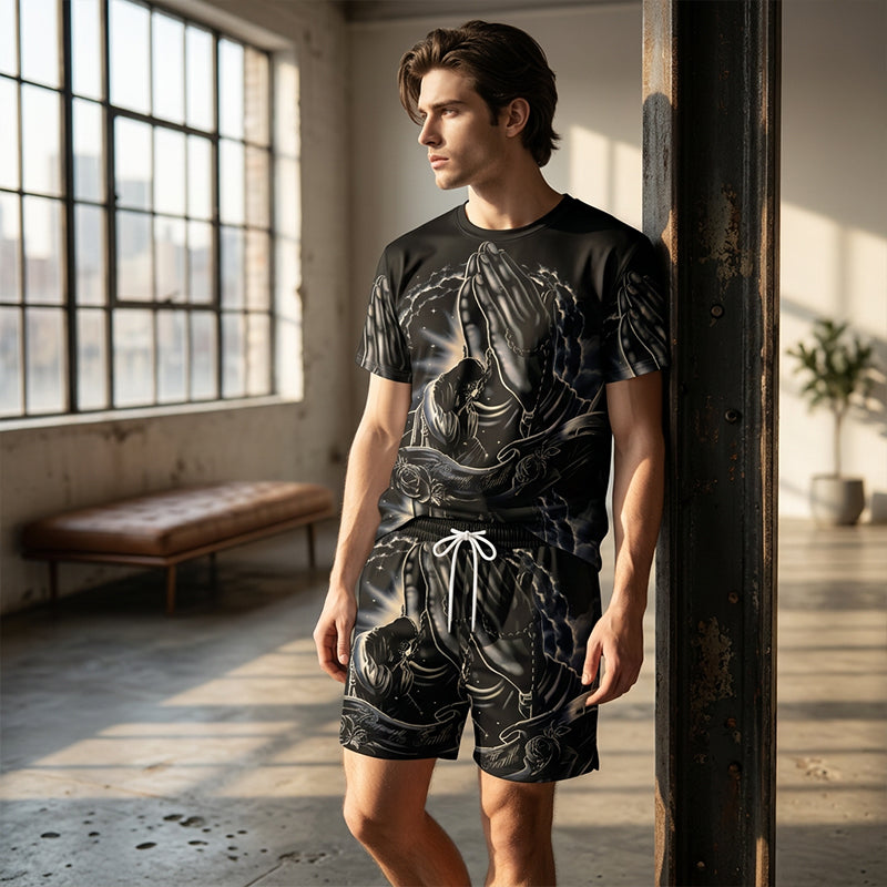A men's Arenzza 2-piece casual set with a printed t-shirt and matching shorts, breathable fabric for comfortable wear.