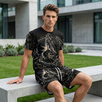 A men's Arenzza 2-piece casual set with printed T-shirt and shorts, breathable fabric, perfect for comfortable everyday wear.
