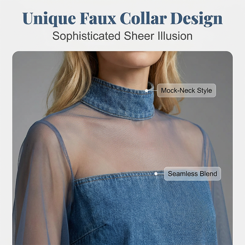 Arenzza lantern sleeve faux collar denim skirt featuring unique sleeve design and classic denim fabric, suitable for casual wear.