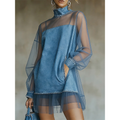 Aarenzza denim skirt with lantern sleeves and faux collar, featuring a stylish design and a casual, trendy look.