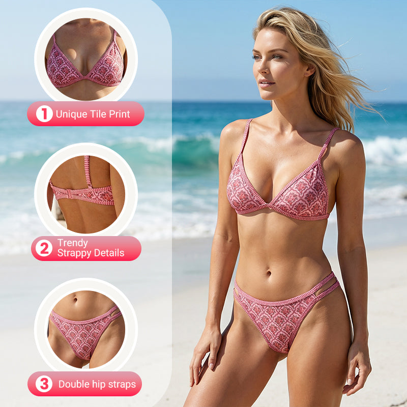 Arenzza boho tile print backless bikini swimwear featuring a vibrant, patterned design with a low back and stylish fit.