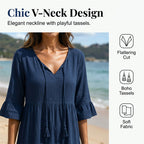 A women's Arenzza V-neck tassel tie tiered midi dress in soft fabric, featuring a flowy silhouette and tiered design.