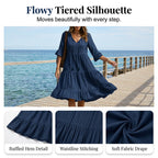 Aarenza women's V-neck tassel tie tiered midi dress in lightweight fabric with tassel details and a flowing silhouette.