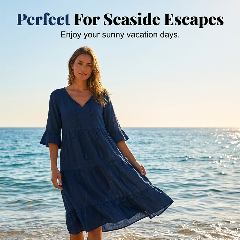 Women's V-Neck Tassel Tie Tiered Midi Dress by Arenzza, featuring a flowy fabric, tassel accents, and a tiered design in a stylish silhouette.