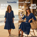 Aarenza women's V-neck tassel tie tiered midi dress in lightweight fabric with ruffle details and a relaxed fit.