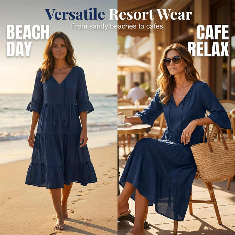 Aarenza women's V-neck tassel tie tiered midi dress in lightweight fabric with ruffle details and a relaxed fit.