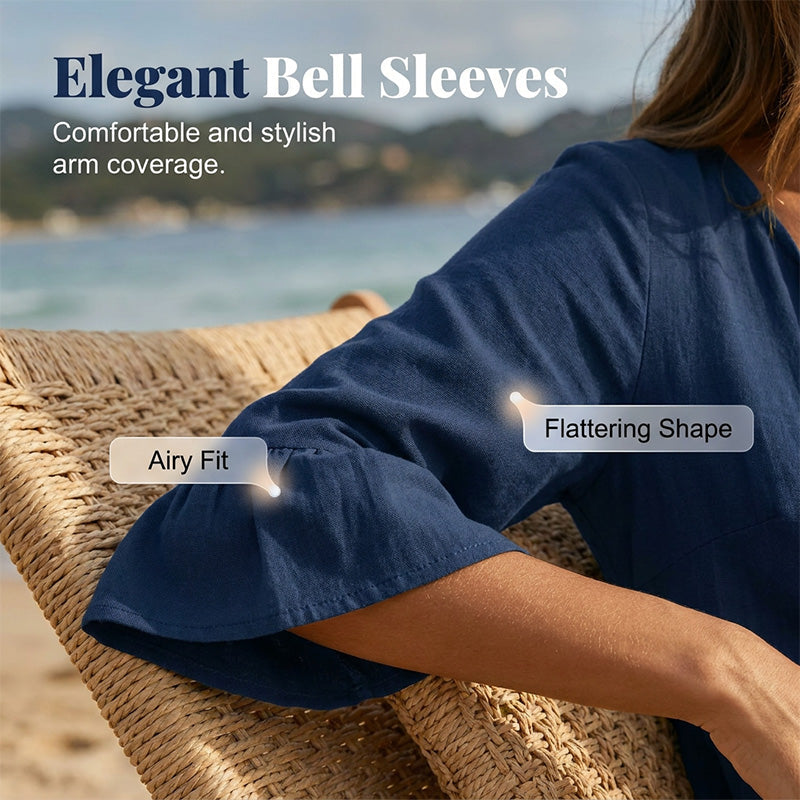 Aarenza women's V-neck tassel tie tiered midi dress in lightweight fabric with tassel accents and a relaxed fit.