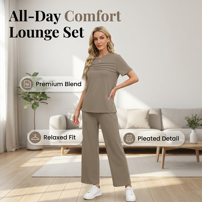 A woman wearing the Arenzza women's 2-piece casual lounge set, featuring a relaxed fit top and matching pants in soft fabric.