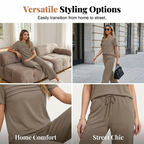 A woman wearing the Arenzza women's 2-piece casual lounge set, featuring a relaxed fit top and matching comfortable pants.