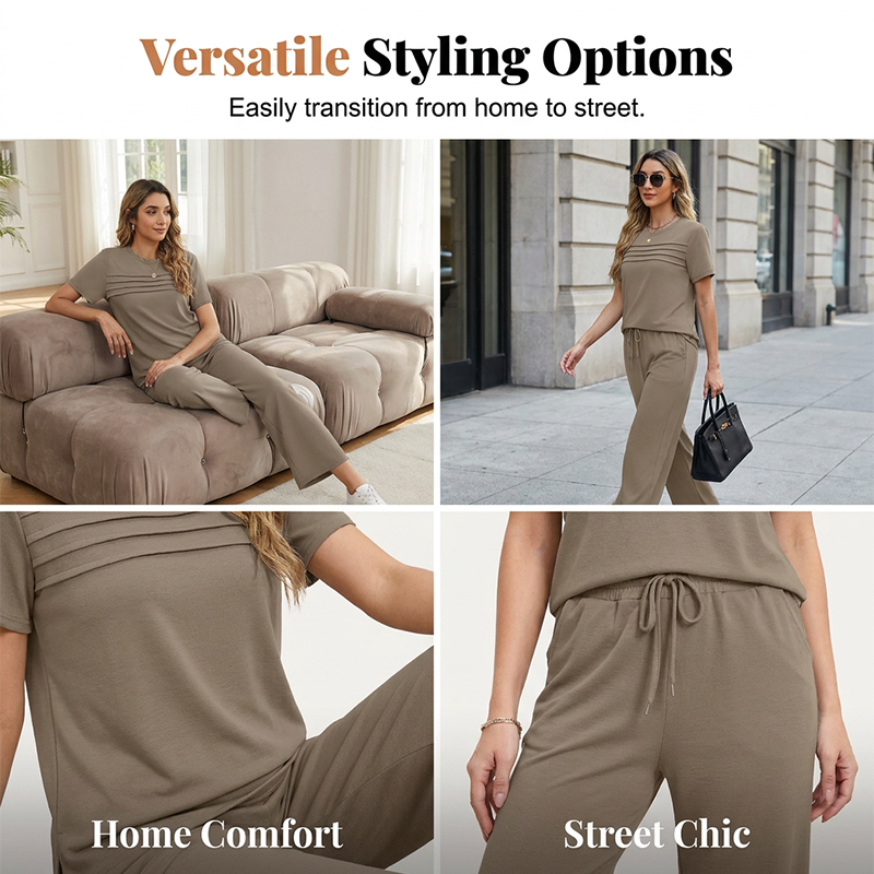 A woman wearing the Arenzza women's 2-piece casual lounge set, featuring a relaxed fit top and matching comfortable pants.