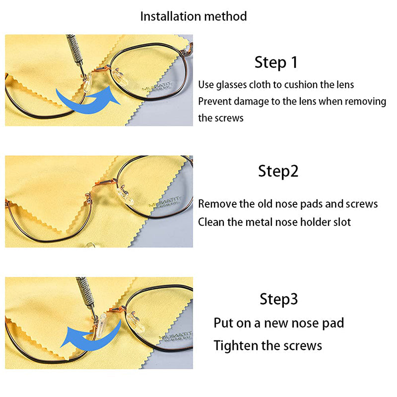 Arenzza eyeglass nose pad repair kit with replacement nose pads and tools for repairing and maintaining glasses.