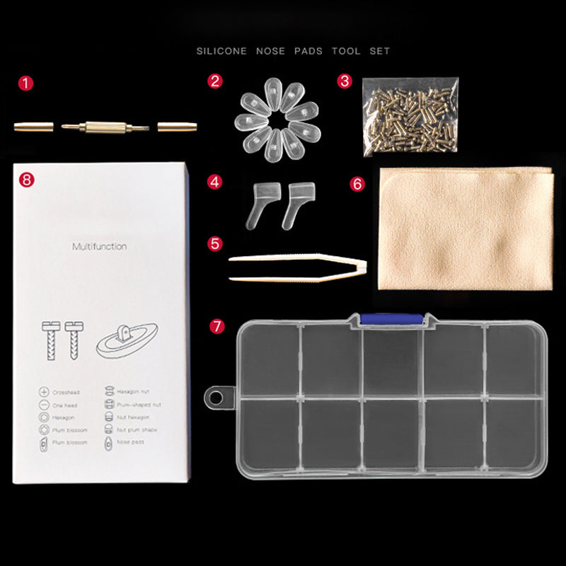 Arenzza eyeglass nose pad repair kit with replacement nose pads and tools for easy adjustment and repair.