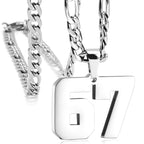 Arenzza 67 number pendant necklace with bold silver chain, statement jewelry piece for stylish fashionistas.