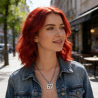 Aarenza 67 number pendant necklace, bold jewelry piece with large metallic numbers, stylish accessory for fashion-forward looks.