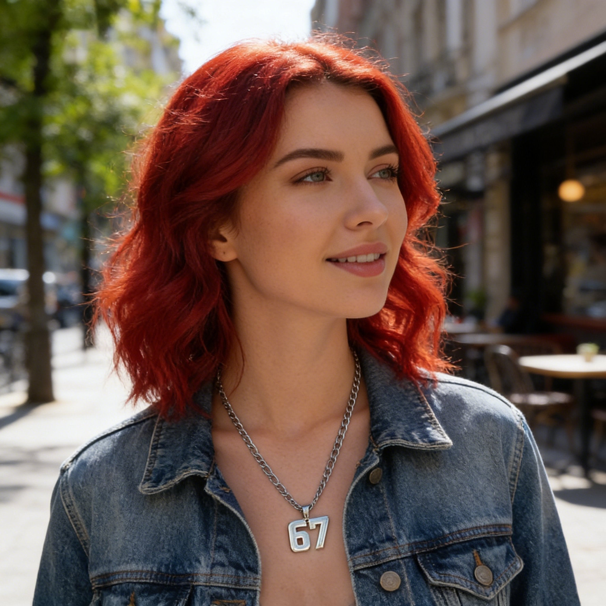 Aarenza 67 number pendant necklace, bold jewelry piece with large metallic numbers, stylish accessory for fashion-forward looks.