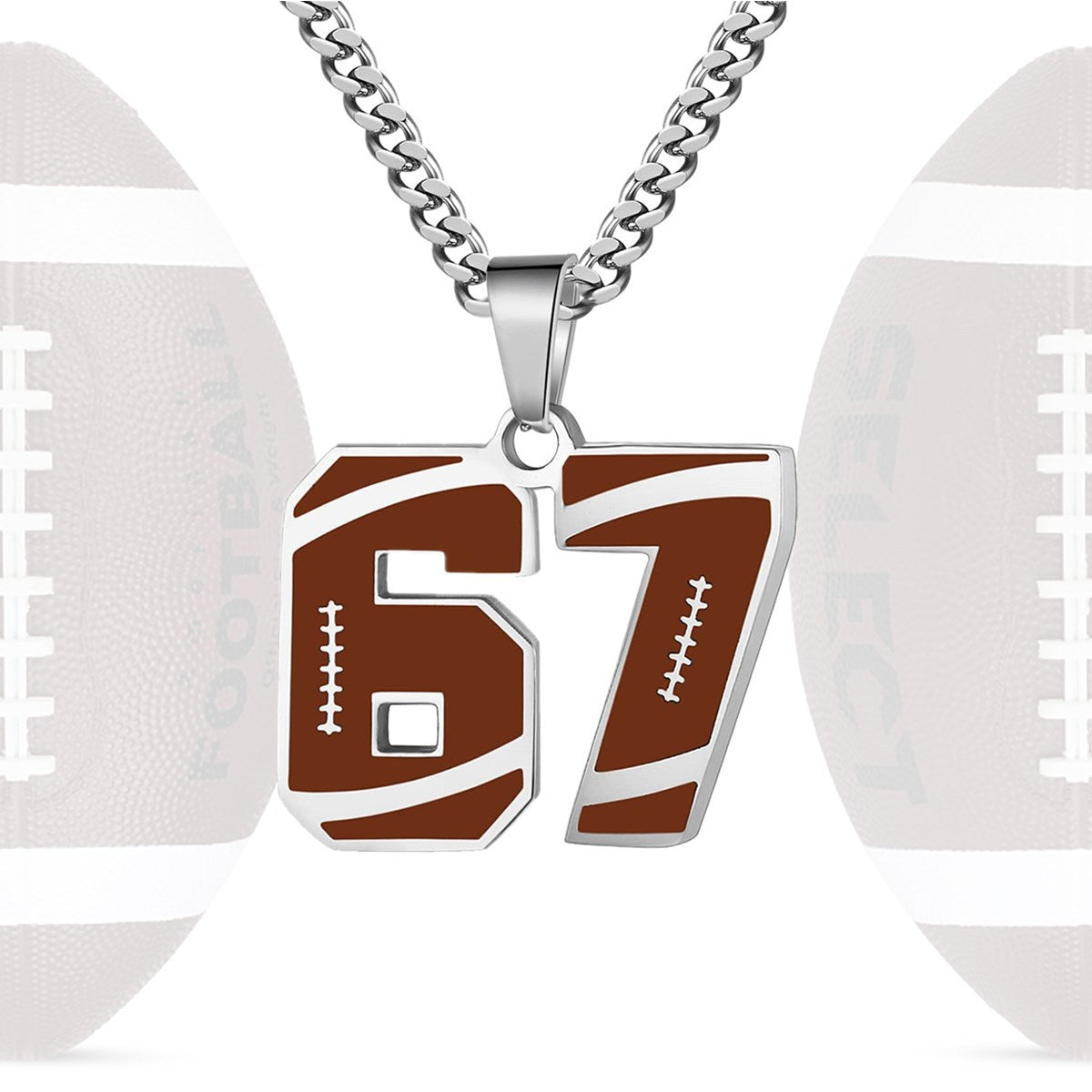 Arenzza 67 number pendant necklace with bold silver chain, statement jewelry for fashionable accessories, close-up view.