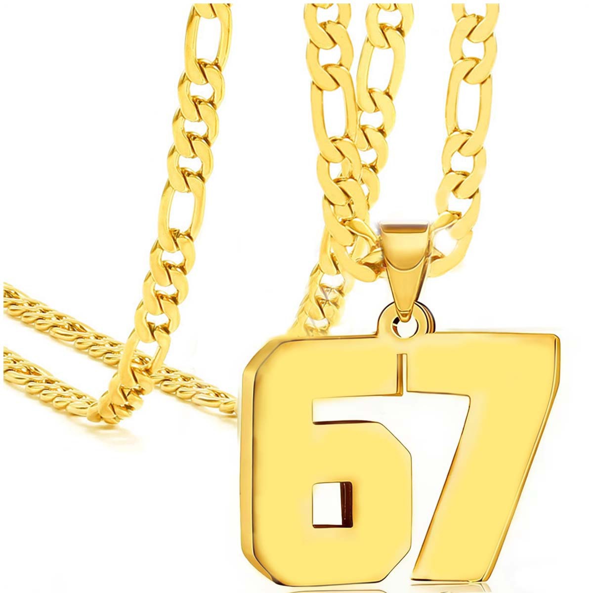 Arenzza 67 number pendant necklace, stylish jewelry accessory with a bold metal pendant, perfect for fashion-forward outfits.