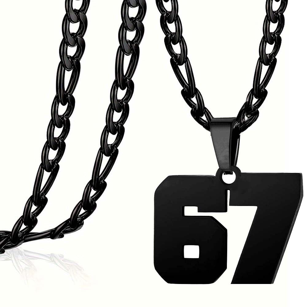 Arenzza 67 number pendant necklace with bold silver chain and large number pendant, stylish accessory for fashionistas.