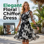 A woman wearing Arenzza's elegant floral print chiffon dress, showcasing its flowy fabric and stylish design.