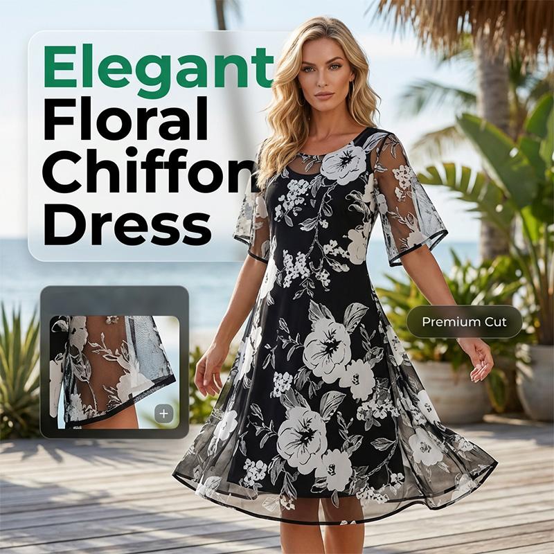 A woman wearing Arenzza's elegant floral print chiffon dress, showcasing its flowy fabric and stylish design.